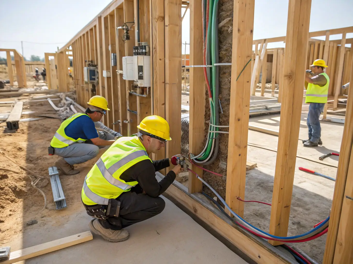 A close-up of a technician installing electrical wiring and plumbing pipes inside a building wall, with visible ventilation ducts, highlighting the integration of essential building systems.