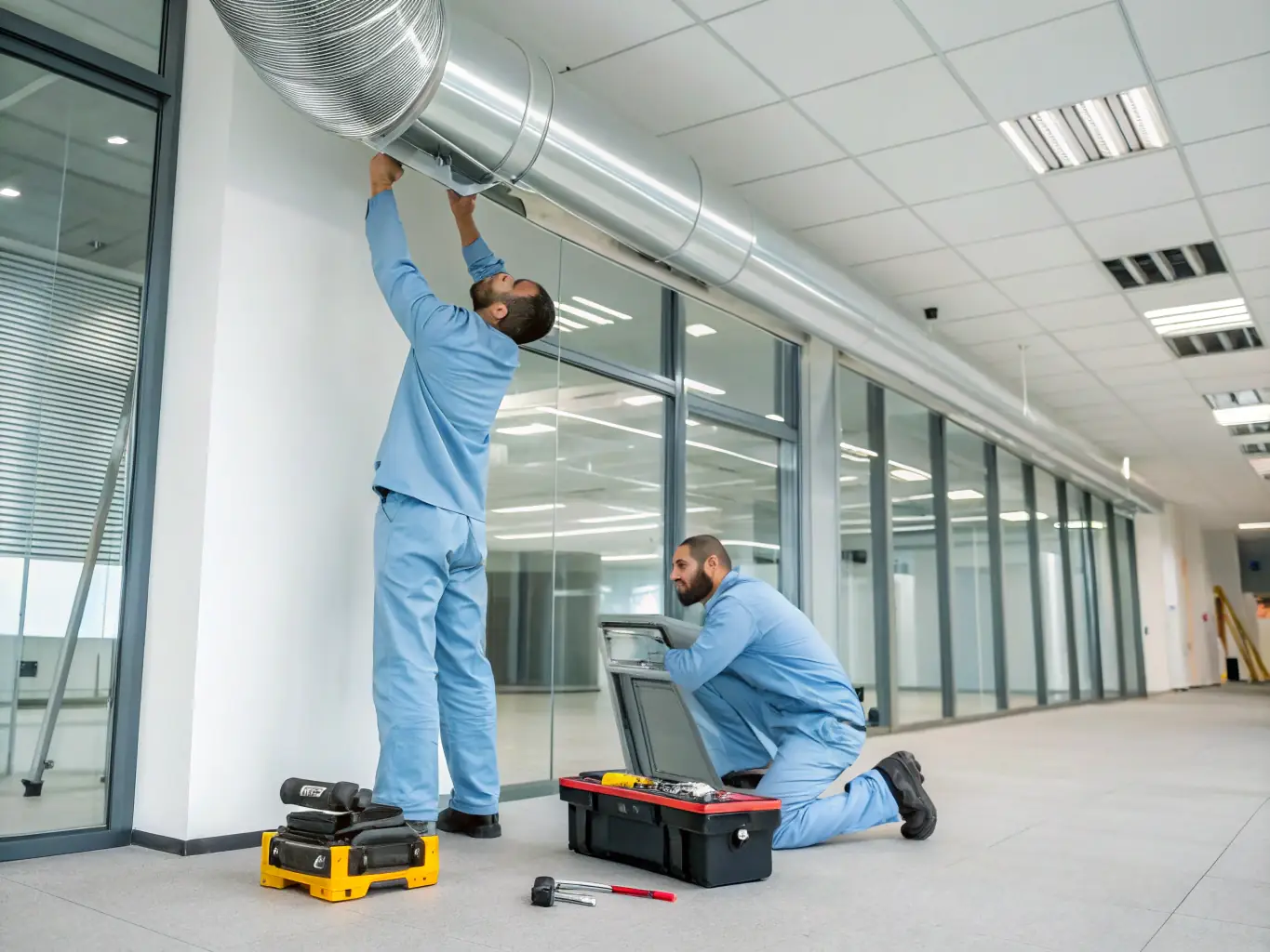A skilled technician installing electrical wiring and modern ventilation ducts in a clean, well-lit building, showcasing TRUSS's proficiency in systems installation.