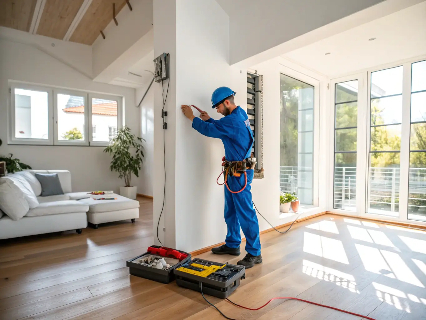 A technician in uniform installing electrical wiring and plumbing pipes inside a newly built wall, highlighting TRUSS's proficiency in building systems installation.