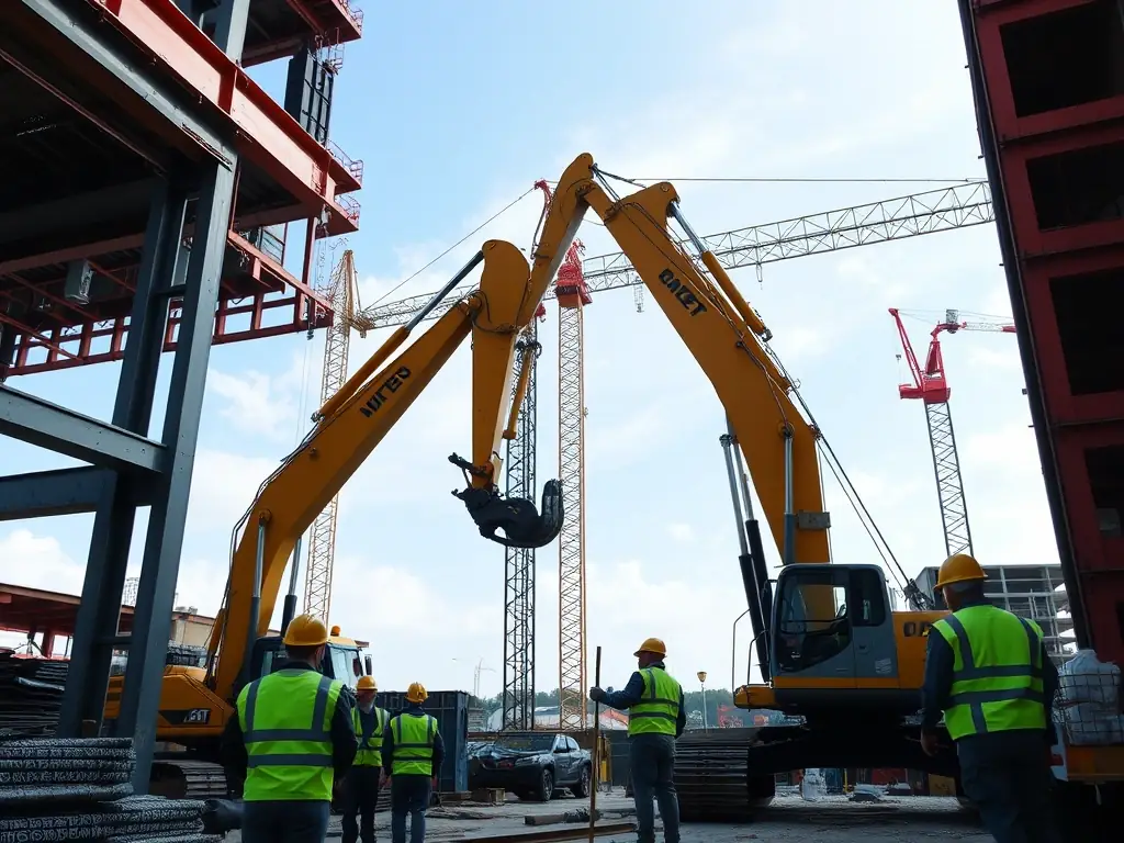 A modern construction site with a partially completed building, cranes in the background, and workers in safety gear actively working, representing TRUSS's expertise in large-scale construction projects.