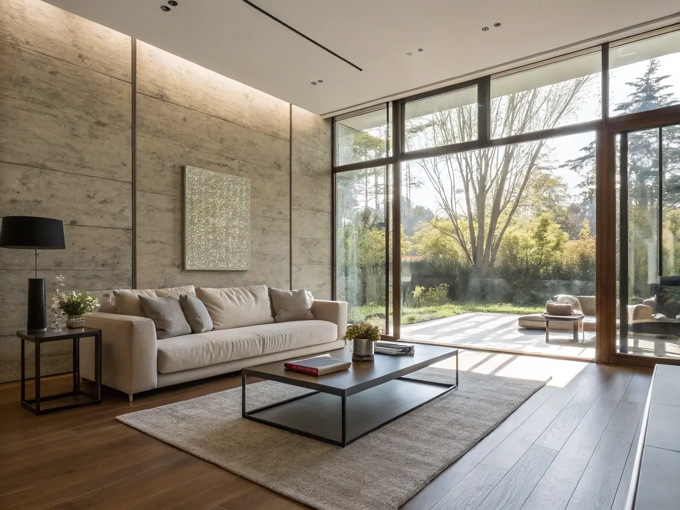 A bright, stylish interior space with polished hardwood floors, modern ceiling panels, and natural light, illustrating TRUSS's attention to detail in interior finishing.