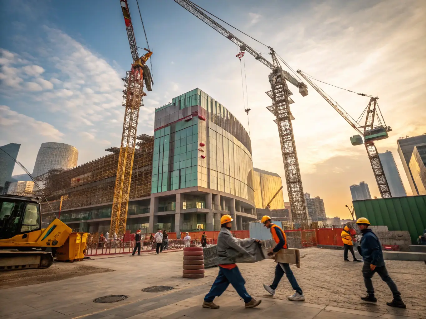 A modern construction site with cranes, workers in safety gear, and a partially completed building, illustrating the process of new builds and large-scale extensions for residential or commercial projects.